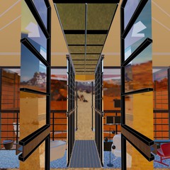 Rendering of an architectural project, with a desert of sand and sky in the background