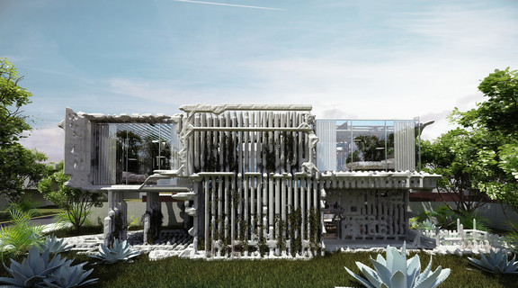 Image of a futuristic house set amid lush gardens created by machine learning