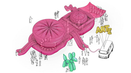 Rendering of a pink inflatable pavillion