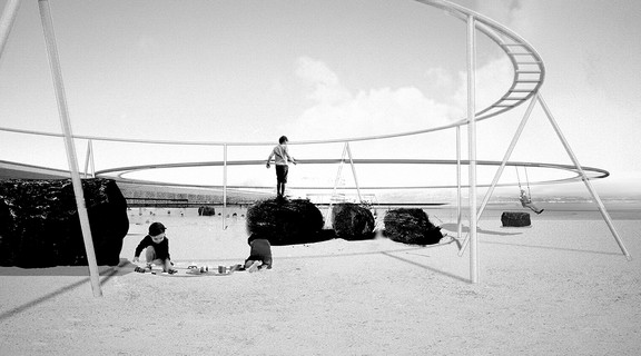 Black and white image of children playing in a playground structure on a beach