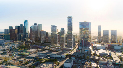 Exterior rendering of a multi-story, mixed-use building in downtown Los Angeles