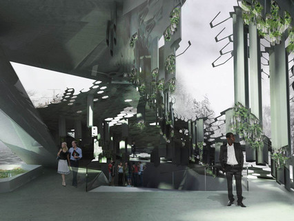 Rendering of people standing inside an abstract looking greenhouse structure