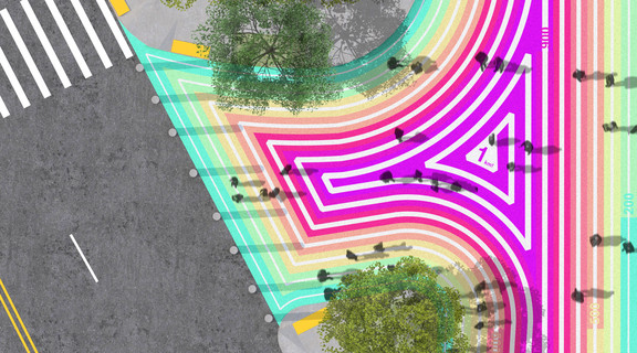 A proposal for the NYC DOT's Asphalt Art Activation project in the Bronx, 1KM is a colorful 1000 meter spiral that encourages students of PS 69 and its neighboring community to go for a stroll.