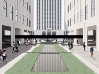 Rendering of a large black Sound Bar elevated above people walking through a courtyard with pools in various levels in Rockefeller Center.