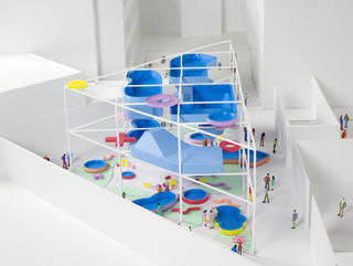 Model of a colorful structure containing layers of pools and outdoor activities
