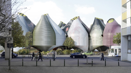 Image of a rendering of clay-like vessels on a city street in Berlin