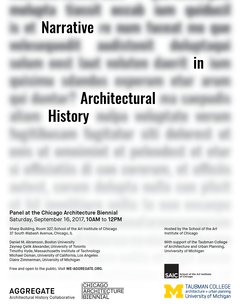 Poster of Narrative in Architectural History, a panel at the Chicago Architecture Biennial
