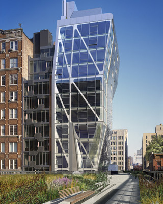 Image of the south facade of HL23, an angular building that is adjacent to New York's High Line