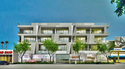 Rendering of exterior of 320 La Cienaga, a 70,000 sf mixed-use residential building.