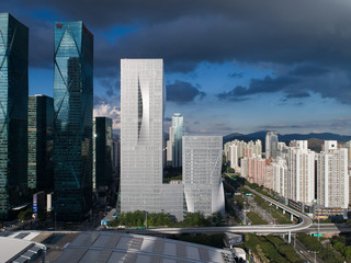 Exterior shot of a building in the Shenzen skyline.