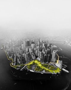 Aerial view of New York city showing the proposed parkland and urban space to prevent damage from rising sea levels.