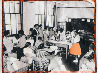 Fabricating Networks Quilt Detail Panel, Women in Sewing Class, Hill District Pittsburgh. Felecia Davis © 2021. Digital Print on Cotton Broadcloth, Copper Coated, Ripstop Nylon, Copper Tape, Cotton Thread, Stainless Steel Conductive Thread.  Print by Teenie Harris, Charles “Teenie” Harris,  American 1908–1998, Carnegie Museum of Art, Pittsburgh, Heinz Family Fund, :© Carnegie Museum of Art, Charles “Teenie” Harris Archive.