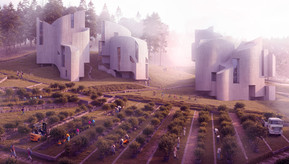 An image showing a forest nursery with wooden, circular buildings in the background