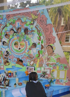 A May 2023 activation event for "Grieving Sun Mural" at UCLA AUD. Photo courtesy UCLA Luskin School of Public Affairs.