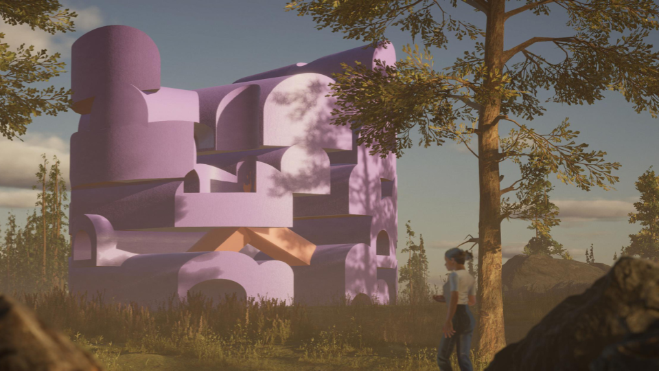 An image of a large, pink, abstract shape sitting within a forest, with a blue sky behind