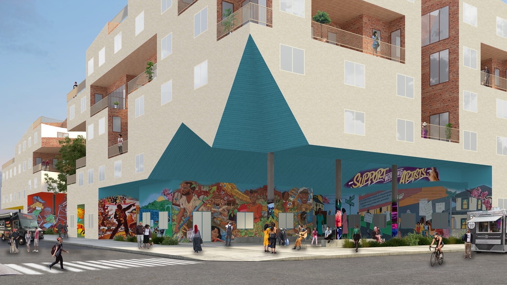 A illustration of a large building on a street corner, with a triangular shaped cutout that creates a blue-colored space in the underside of the building, with colorful art on the walls
