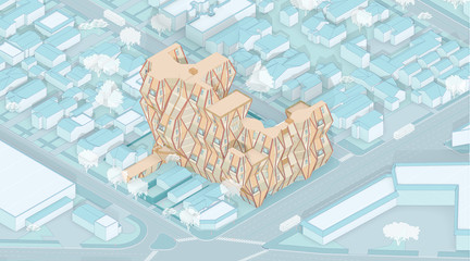 Isometric drawing of mass timber housing development situated in a typical single-story Los Angeles residential block.