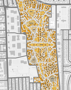 Greyscale neighborhood grids surround central parks rendered in yellow tones.