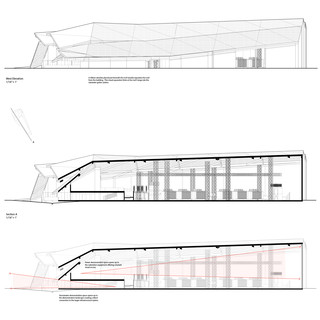 One elevation drawing and two section drawings.