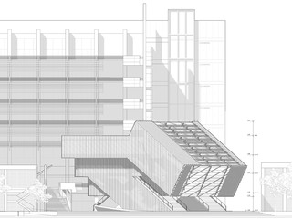 North elevation drawing of building in its context on UCLA's campus.
