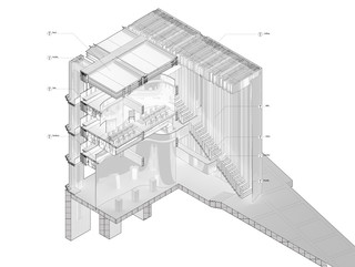 Black and white drawing with jogged section cuts describing details ofthe building composition and construction.