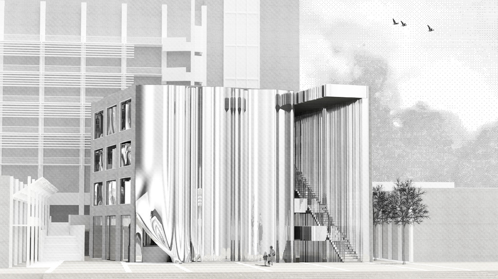 Black and white rendered elevation of building within its context on UCLA's campus.