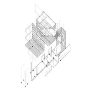 Axonometric drawing of building section view from below. Describes building construction.