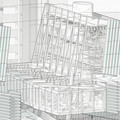 Axonometric projection of building with facade removed to expose structure.