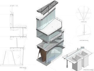 Axonometric project drawn and rendered with sectional cut to describe building systems in detail.
