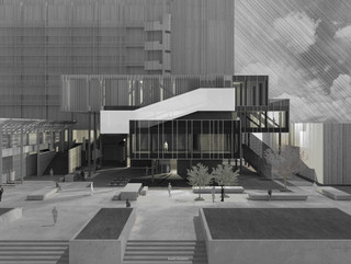 Rendered elevation perspective showing building within its context on UCLA's campus.