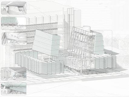 Axonometric projection of building with facade removed to expose structure. Five small vignettes describe the building interior.