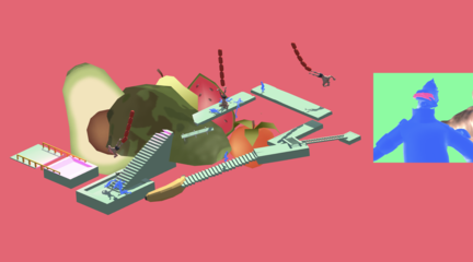 Screenshot from Parkour that shows abstract objects against a bright pink background