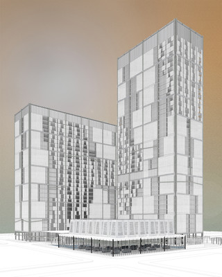 Drawing of a high-rise building against an orange backdrop