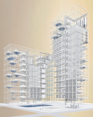 Drawing of a high-rise building against a yellow backdrop