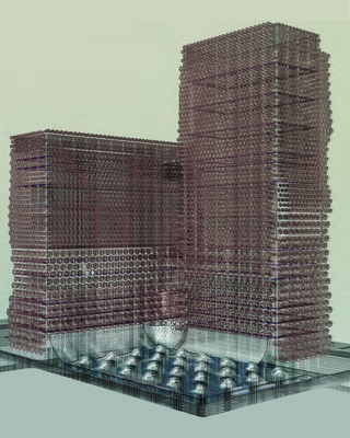 Drawing of a high-rise building against a green backdrop