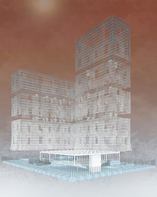 Drawing of a high-rise building against a red backdrop