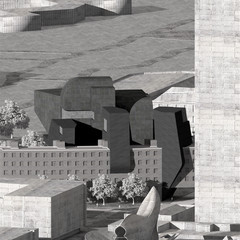 Rendered perspective of building and surrounding context.