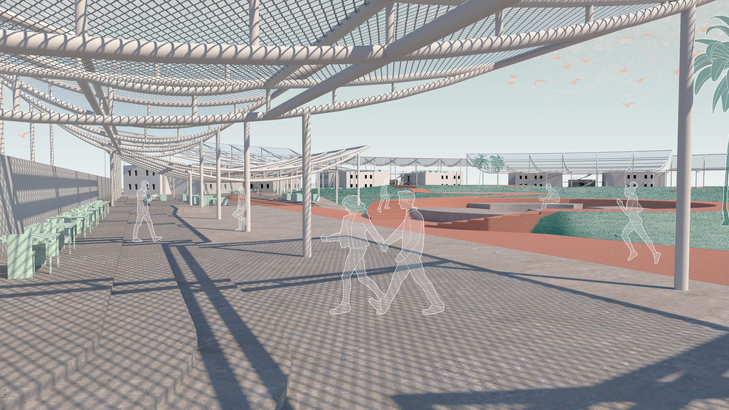 Rendered perspective from under an outdoor canopy looking out over the courtyard.