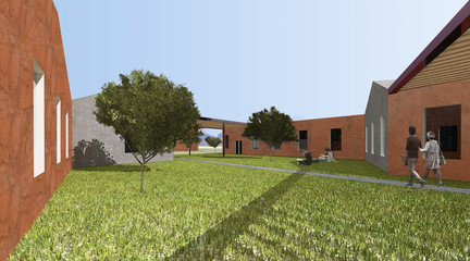 Rendered perspective within building courtyard.