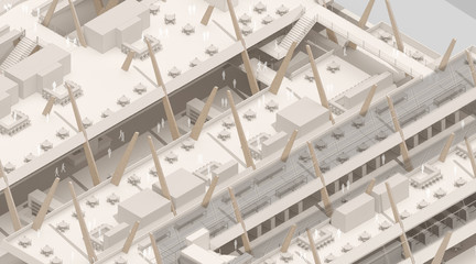 Axonometric drawing with roof removed to reveal structure.