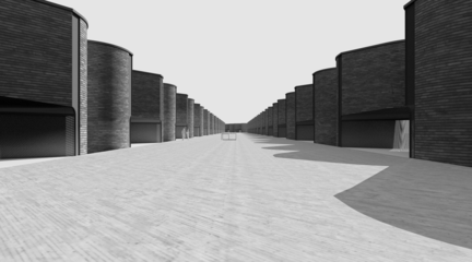 Perspective rendering of street lined by brick structures.