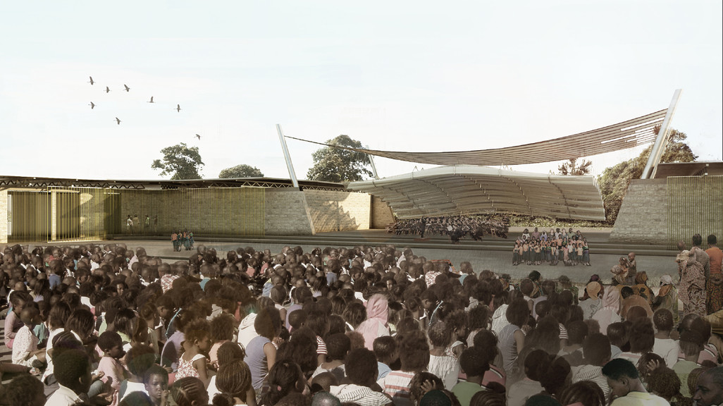 Rendered perspective of bandshell from the viewpoint of the crowd.