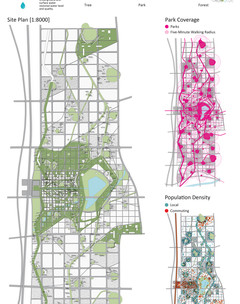 "A City of 100 Parks." A series of plan diagrams detailing public parks dispersed throughout the urban plan.