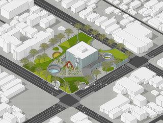 Rendered axonometric projection of site within its urban context.