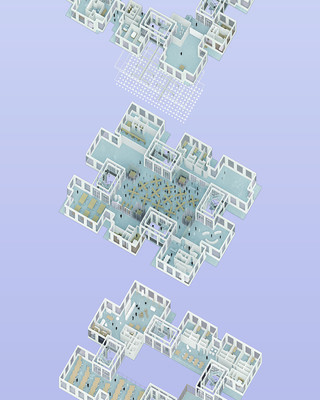 Exploded axonometric rendering showing programming at each floor, set against a purple gradient background.