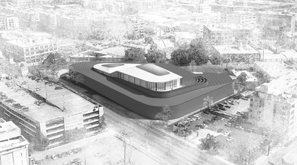 Black and white rendering of site corner from aerial perspective.