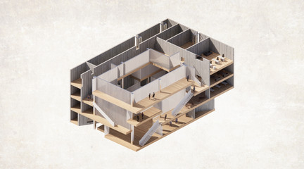 Axonometric drawing with two section cuts demonstrating program distribution in a chunk of the building.