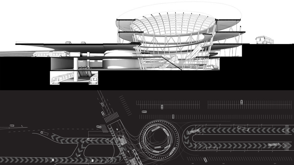 Perspective section view and site plan showing parking lots and cars