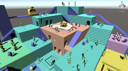 Simulation of an aerial shot of a colorful multipurpose entertainment building